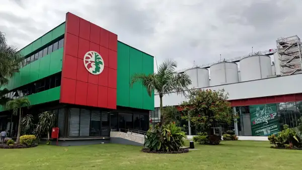 Edificio en color verde y rojo al lado de unos tanques cilindrícos y áreas verdes.jpg