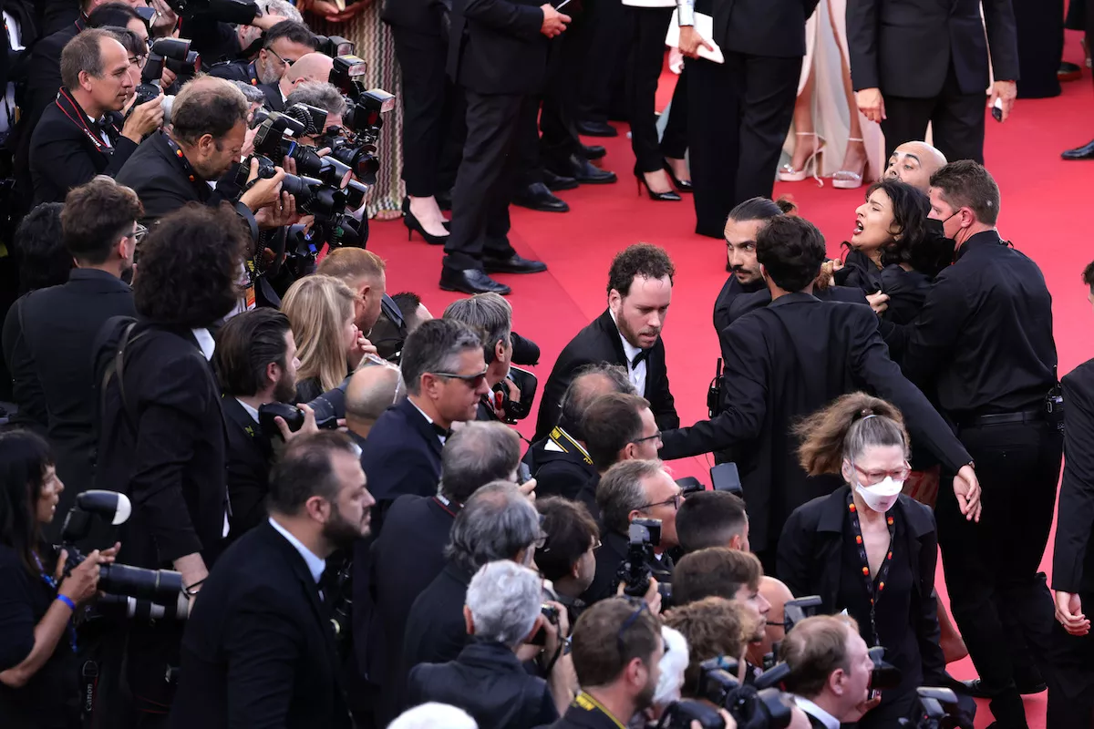 Protesters On The "Three Thousand Years Of Longing (Trois Mille Ans A T'Attendre)" Red Carpet - The 75th Annual Cannes Film Festival