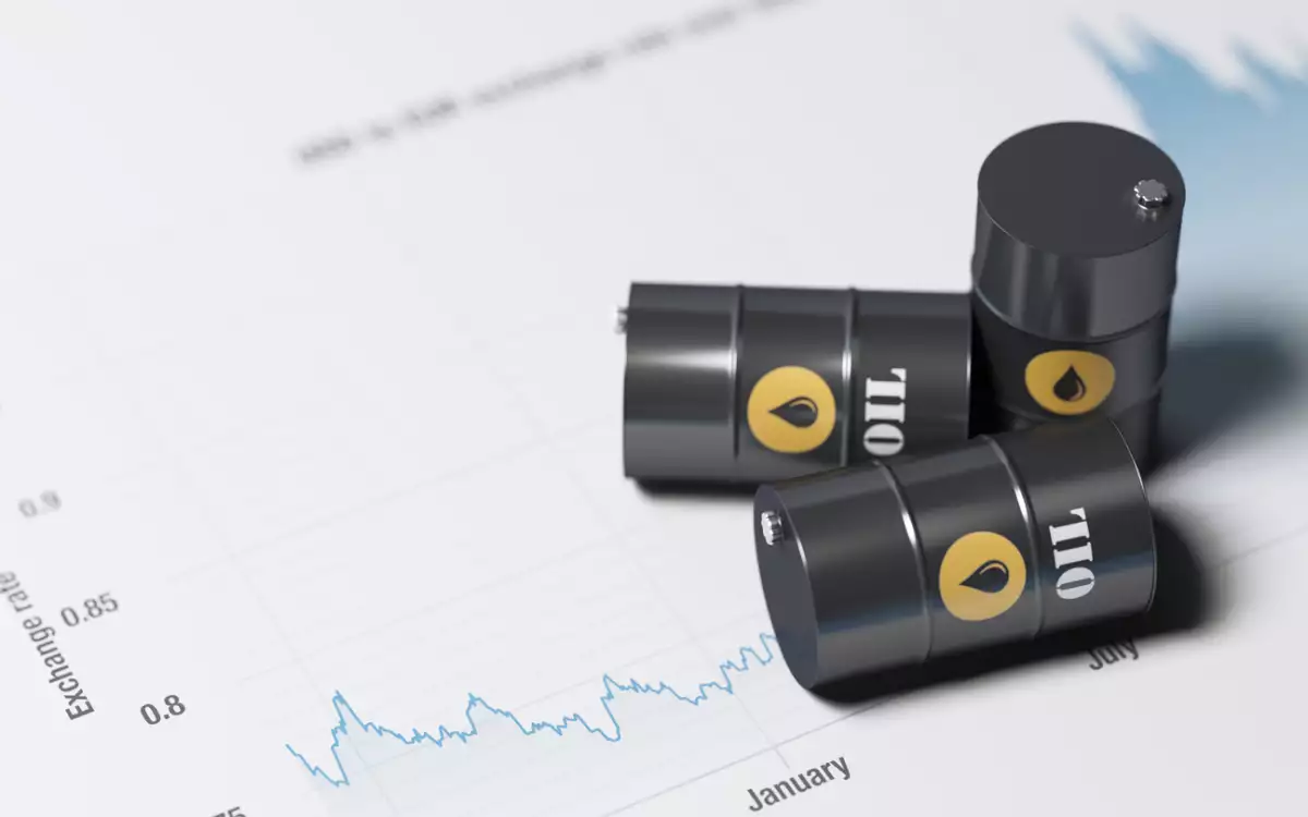 Blue Financial Chart and Tiny Oil Barrels : Global Oil Price Concept