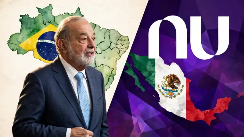 Imagen horizontal dividida en diagonal: a la izquierda Carlos Slim con mapa de Brasil relleno con la bandera brasileña, a la derecha logo NU blanco sobre fondo morado con mapa de México relleno con la bandera mexicana.