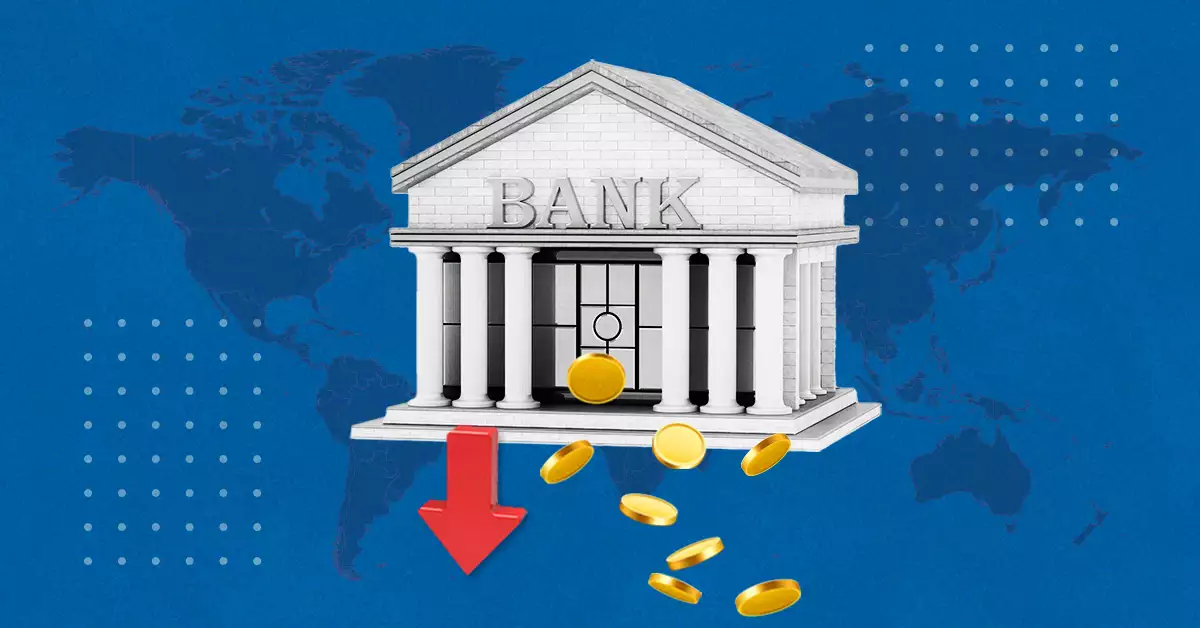 Ilustración de un banco con monedas cayendo