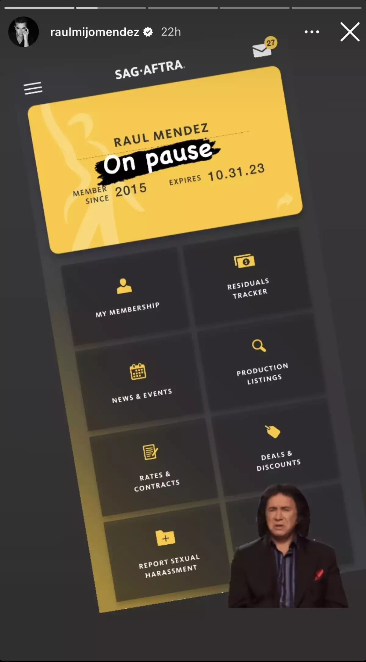 Captura de pantalla del Instagram de Raúl Méndez. 