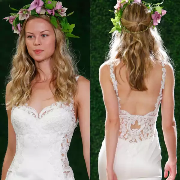 Watters: Puedes llevar una corona de flores para una boda de día. Lleva el pelo en una media cola y el pelo ondulado para lucir natural y fresca.