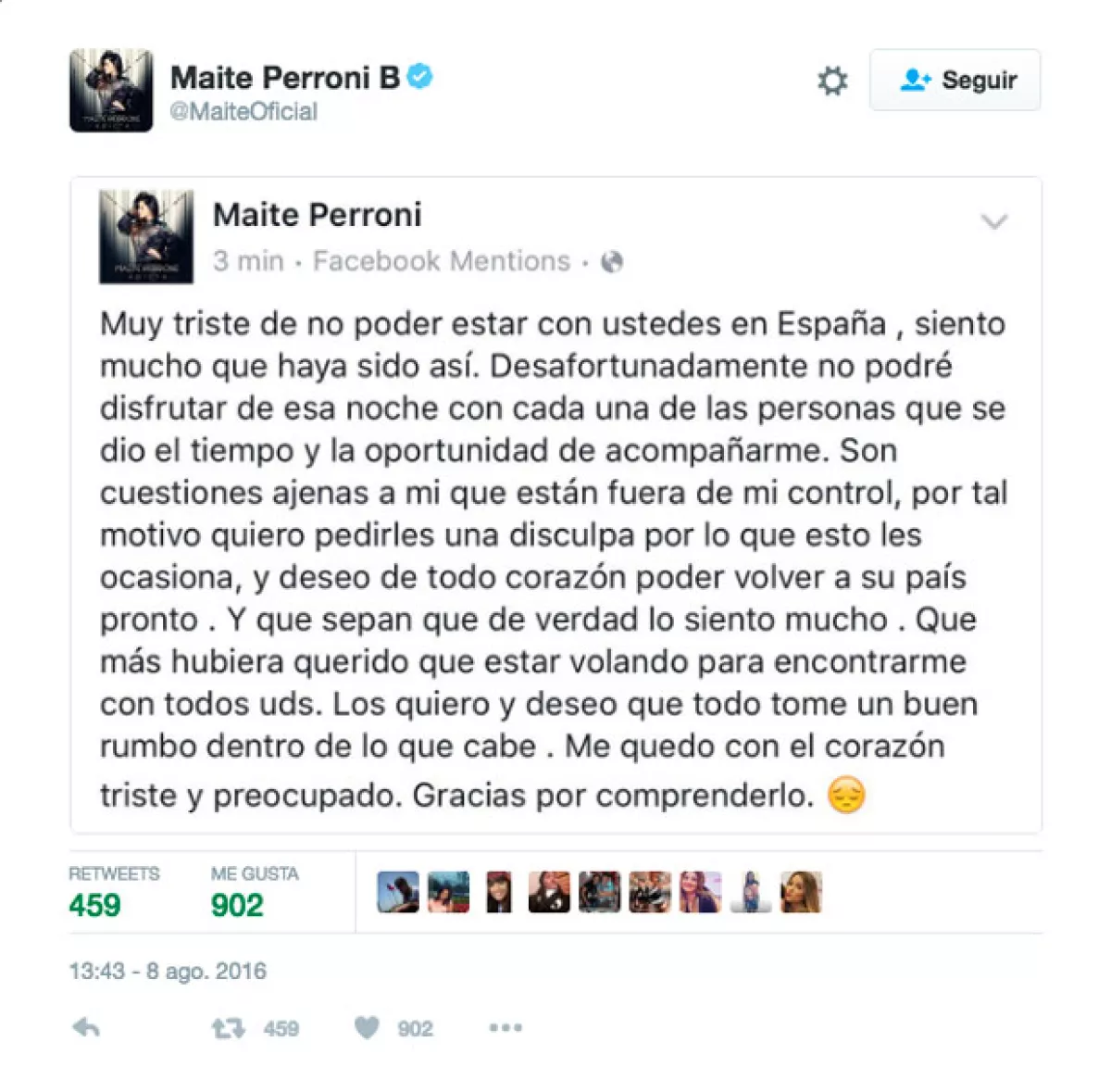 Este fue el comunicado que Maite publicó en sus redes sociales.