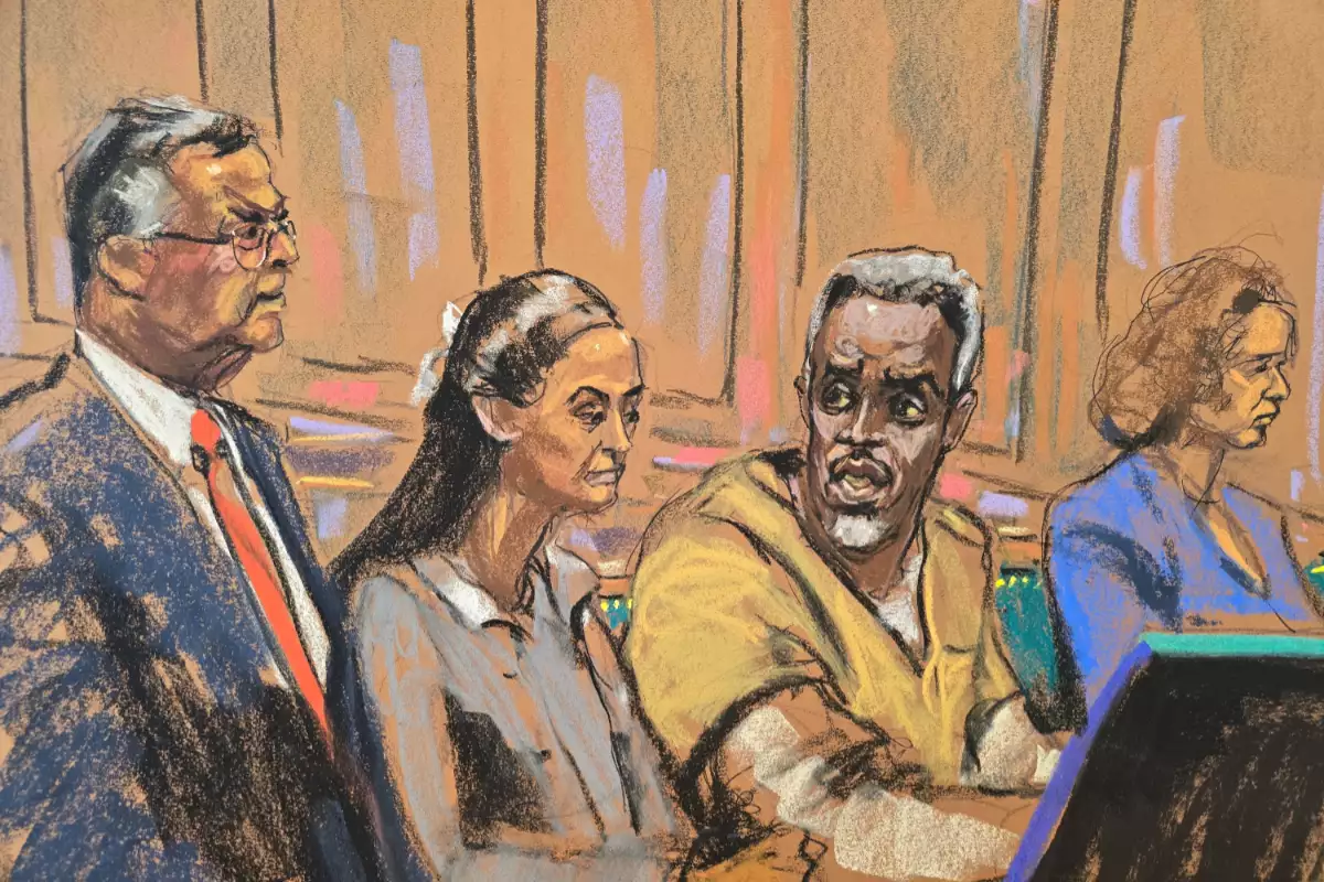 Ilustración del juicio contra Sean Combs en la que se ve al rapero P. Diddy junto a sus abogados.