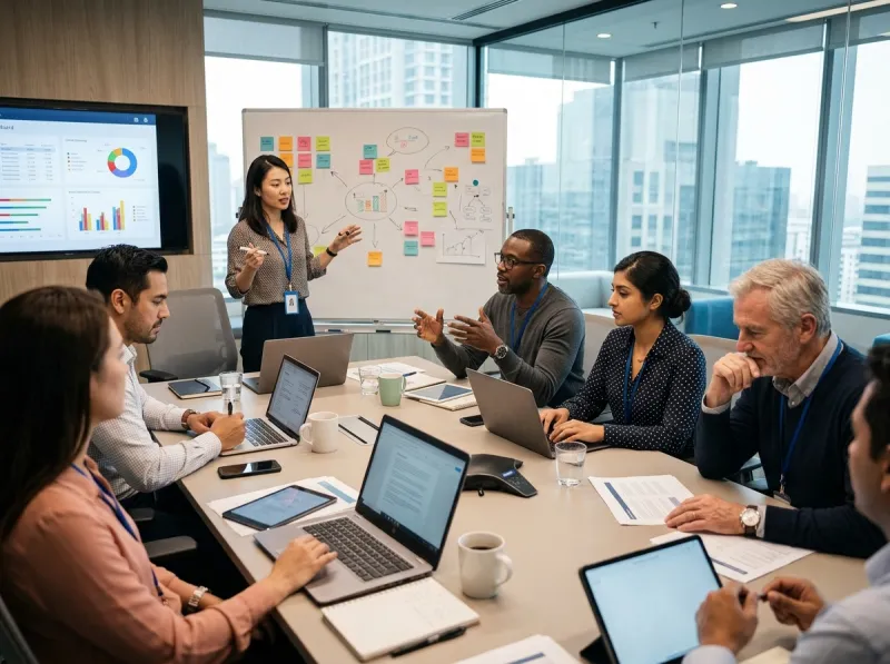 Personas diversas en una junta dentro de un corporativo.