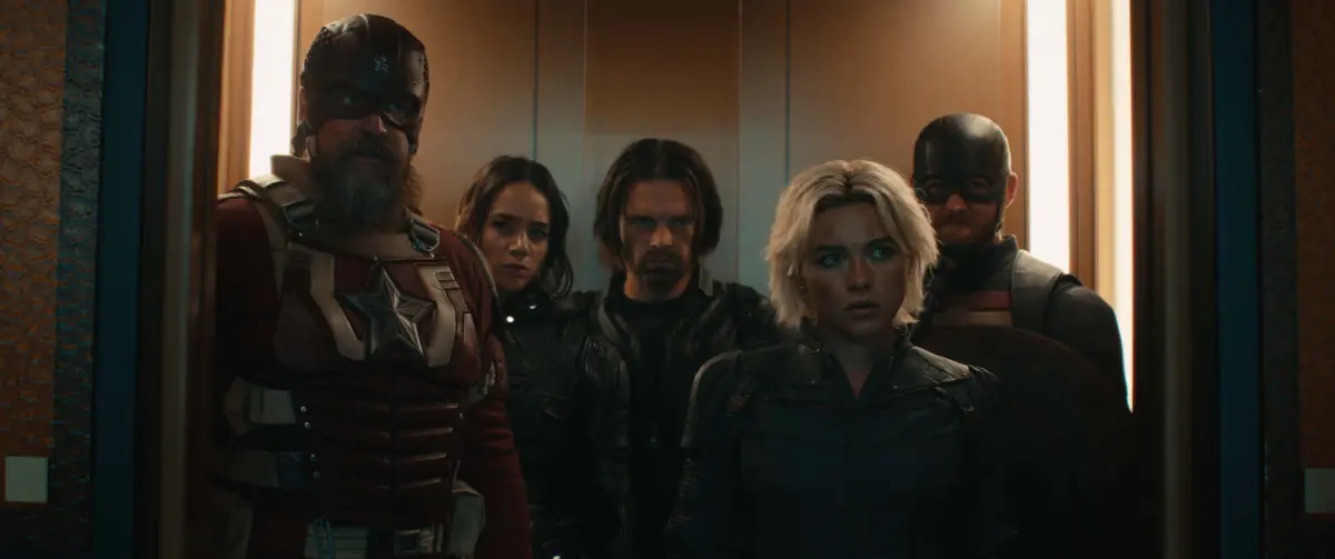 David Harbour, Hannah John-Kamen, Sebastian Stan, Florence Pugh y John Walker en un fotograma de THUNDERBOLTS*. 
