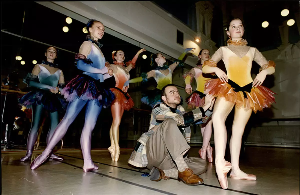 Christian Lacroix With Pupils From The English National Ballet School Wearing Costumes He Designed.