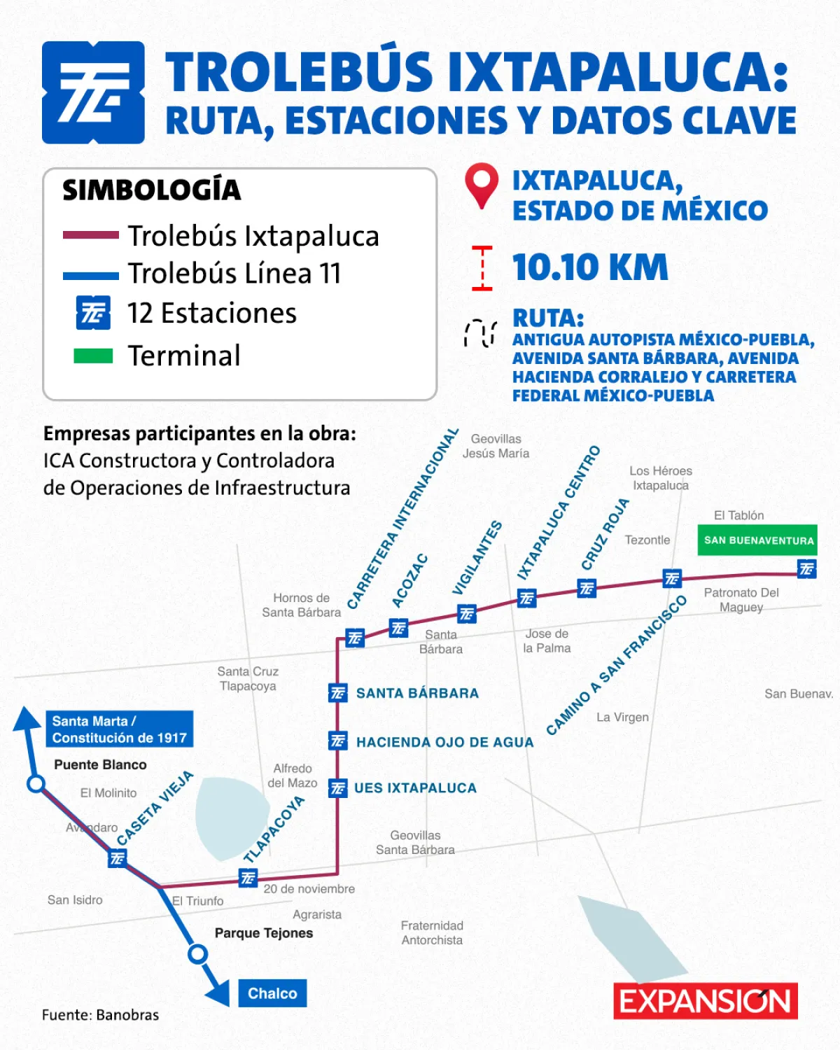 Mapa de la ruta y estaciones del Trolebús Ixtapaluca en el Valle de México. 