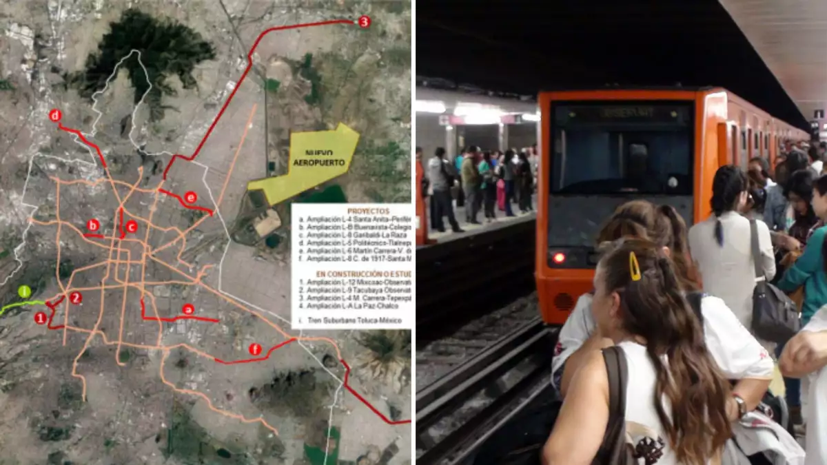 Del lado izquierdo, un mapa con las líneas del Metro; del lado derecho, un andén de este transporte. Estas son las posibles ampliaciones del Metro de CDMX.