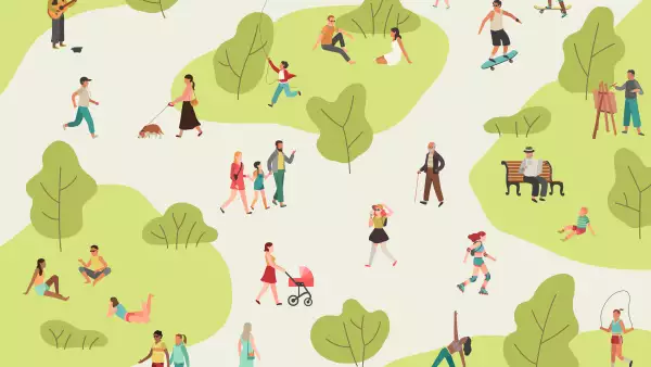 People park. Active walk outdoors woman man girl children picnic sport talking community character leisure lunch in park