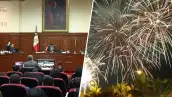 Díptico dividido por línea blanca inclinada: a la izquierda el Pleno de la SCJN en sesión, a la derecha fuegos artificiales nocturnos sobre palmeras.