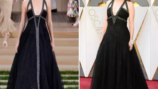 La actriz, que es conocida por su impecable estilo, optó por usar para los Oscar 2016 el mismo diseño que la menor de las Kardashian modeló en la reciente pasarela de Chanel. ¿A quién se le ve mejor?