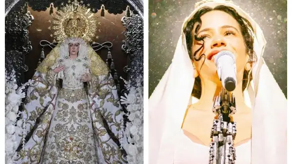 En esta imagen se compara la iconografía La Virgen de la Macarena con el momento del Lux Tour en el que Rosalía interpreta 'Mio Cristo Piange Diamante'.