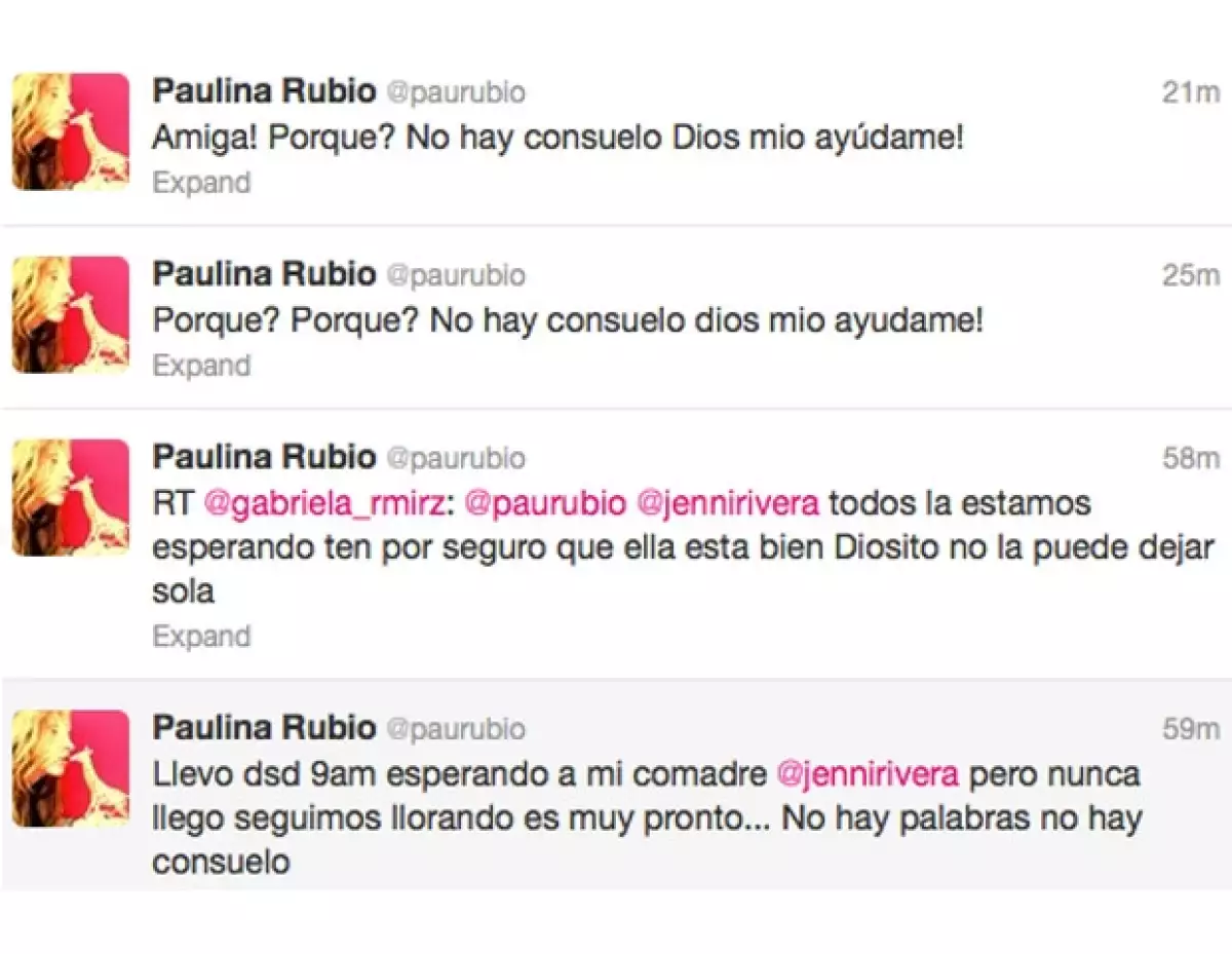 Sin duda la noticia sobre la desaparición del avión en el que viajaba Jenni Rivera y su muerte han sido un tema de todo el domingo, una de la más afectadas, la Chica Dorada.