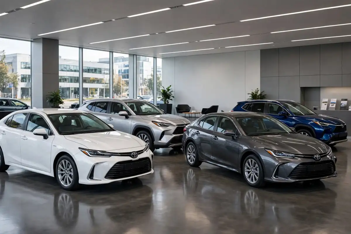 Un concesionario en el que se observan distintos modelos de vehículos de la marca Toyota.
