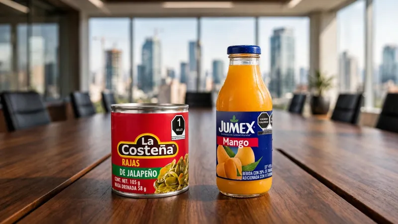 Lata de La Costeña Rajas de Jalapeño de 105 gramos y botella de vidrio Jumex Mango sobre mesa de madera en sala de juntas con ventanales y edificios al fondo.