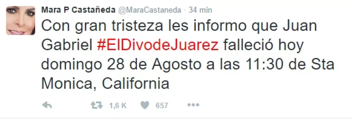 Este fue el tuit con el que Mara Patricia Castañeda informó de la muerte de Juan Gabriel
