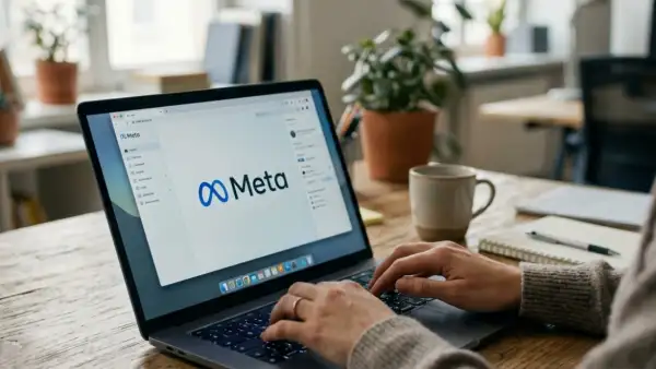 Manos trabajando sobre computadora co el logo de Meta en la pantalla
