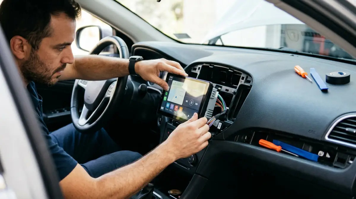 Hombre instalando una nueva pantalla en la parte frontal del carro. Estas pantallas suelen funcionar para controlar el infoentretenimiento.