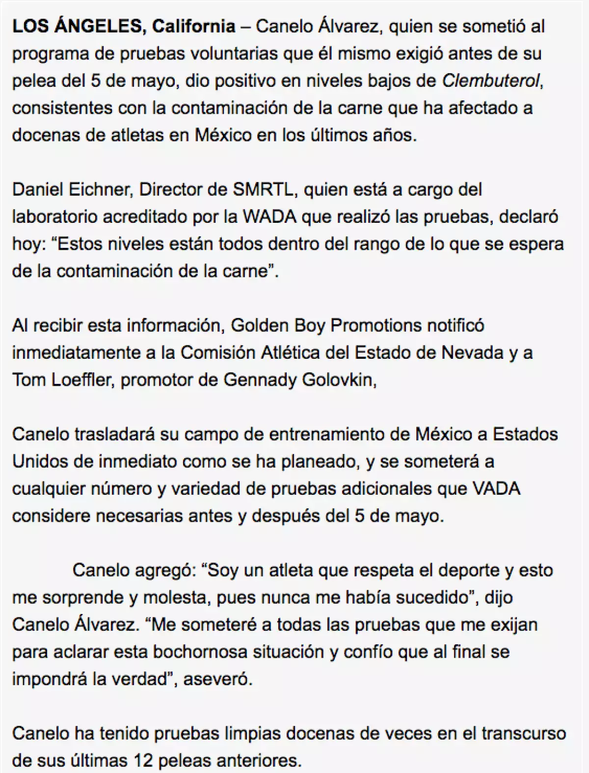 Golden Boy Comunicado Clembuterol