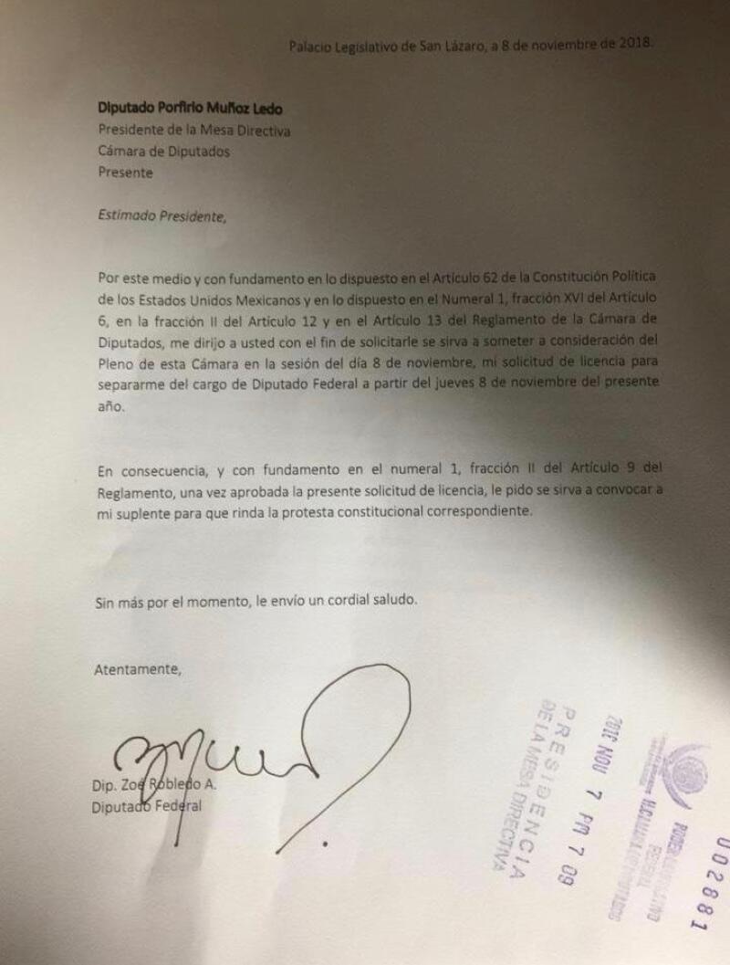 Carta Zoé Renuncia