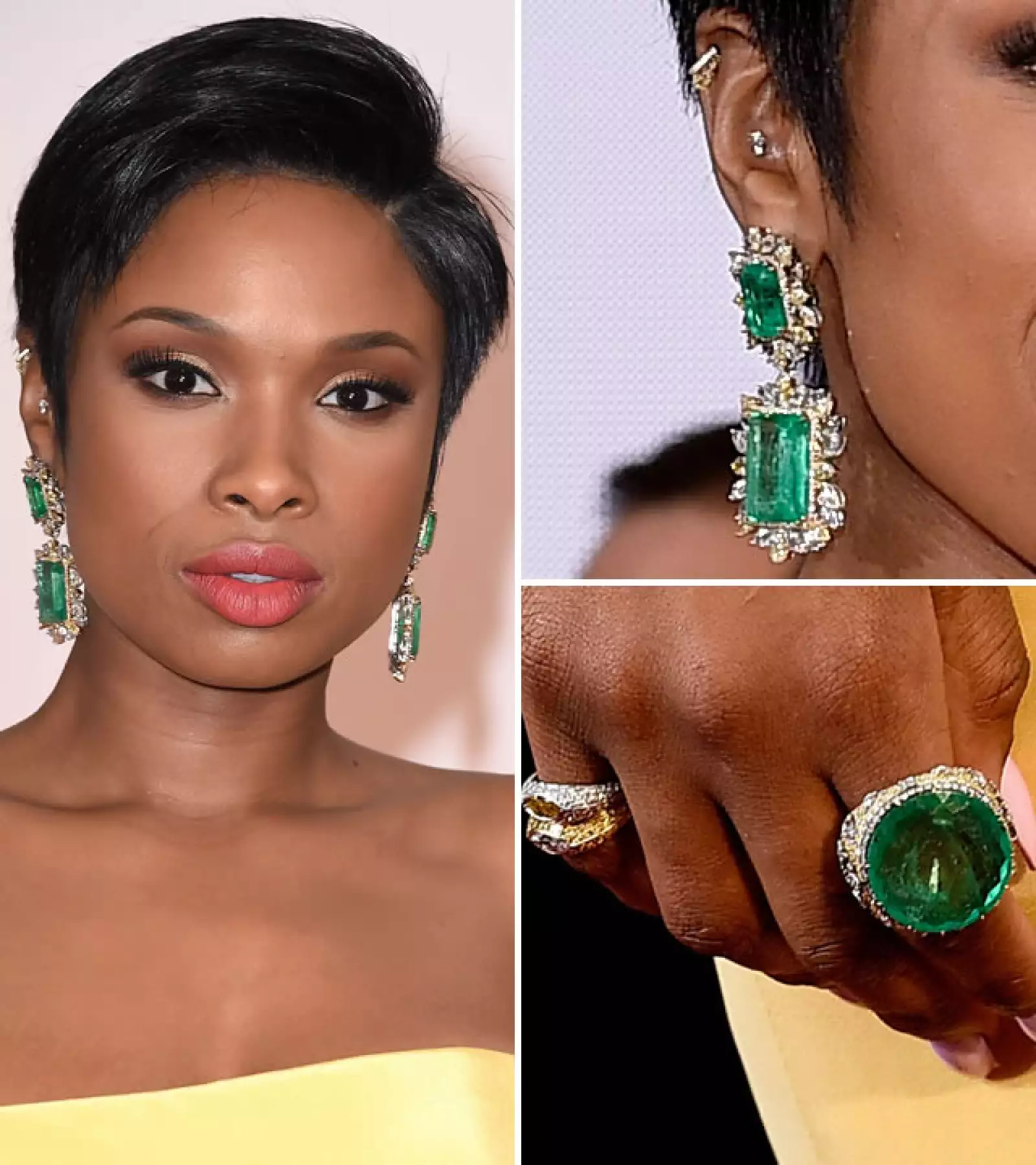 Jennifer Hudson deslumbró con aretes y anillo con esmeraldas de Lorraine Schwartz.