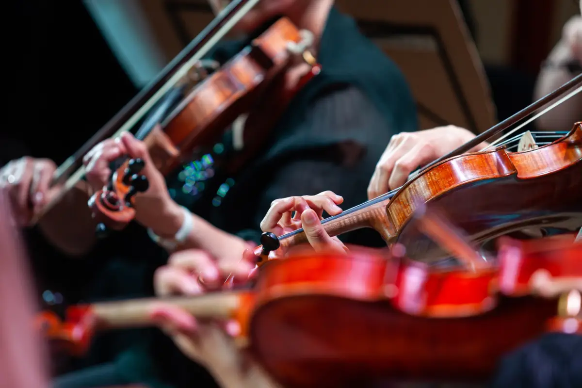 foto de músicos de orquesta tocando violines