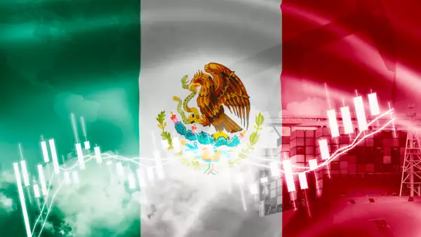Mexico flag, stock market, exchange economy and Trade, oil production, container ship in export and import business and logistics.