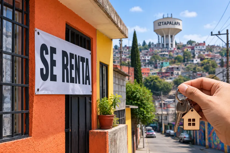 Una casa de iztapalapa con un anuncio de se renta y una mano sosteniendo las llaves. 