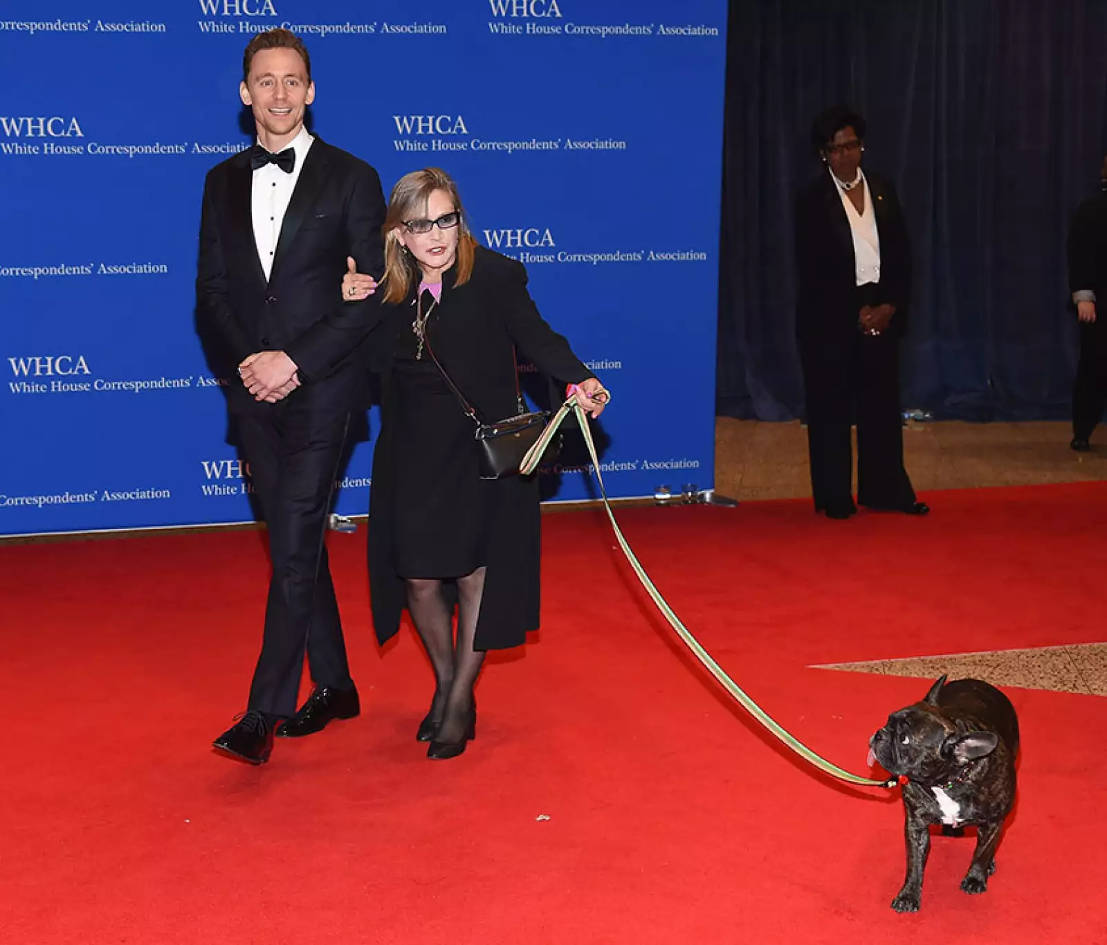 Tom Hiddleston y la actriz Carrie Fisher, de Star Wars, quien decidió llevar a su perrito al evento.
