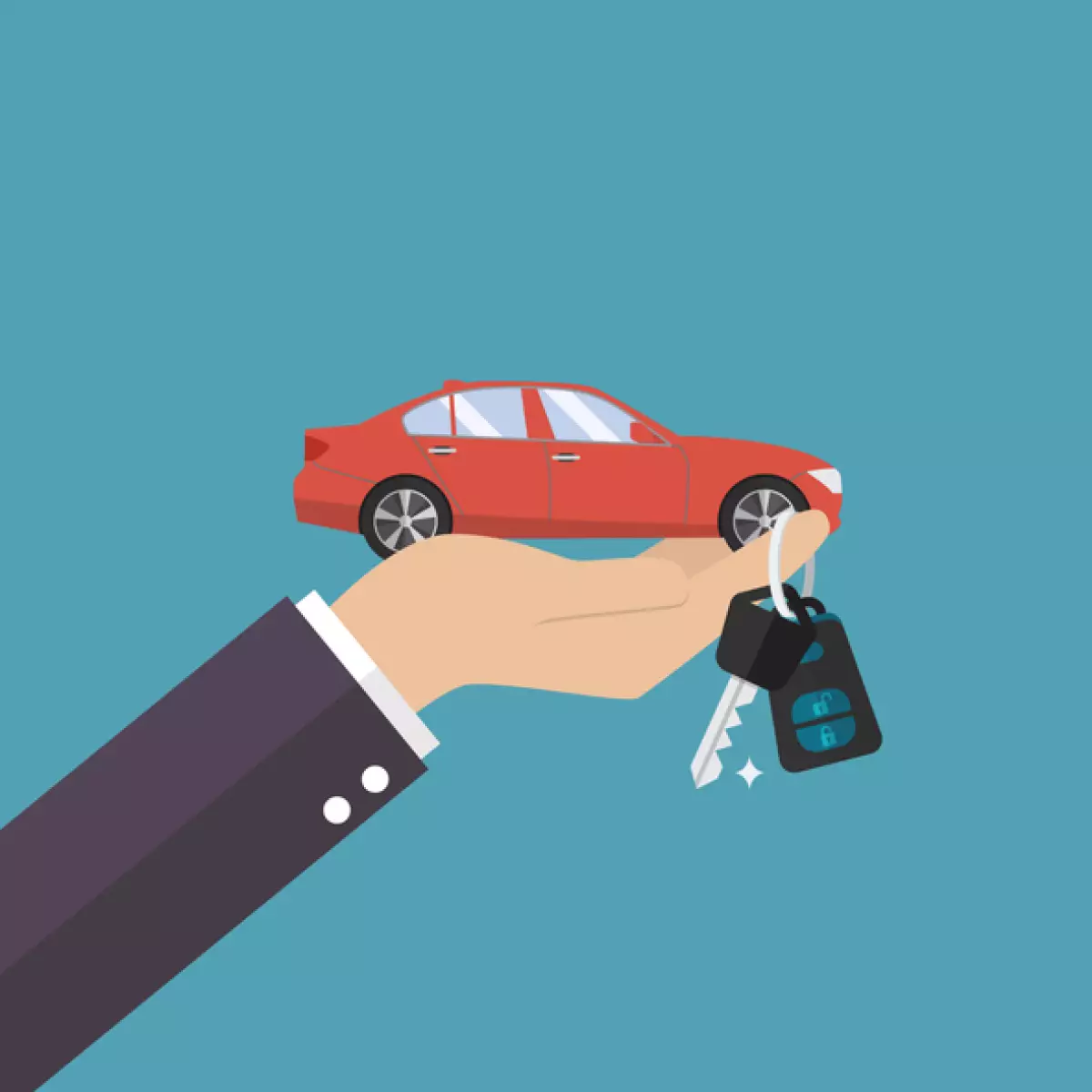 Hand holding car in palm and key on finger
