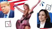 Combinación de fotos del candidato republicano a la presidencia, Donald Trump, la cantante Taylor Swift, y la candidata demócrata a la presidencia de Estados Unidos, Kamala Harris. 