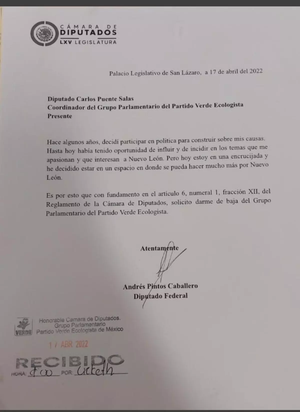 Movimiento Ciudadano suma a diputado Andrés Pintos, quien dejó bancada del PVEM.