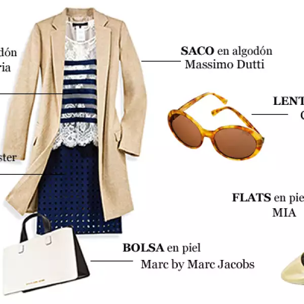 Un saco largo en color beige es un indispensable que combina con cualquier atuendo. El look marinero, por ejemplo, es una carta segura. Si usas este conjunto, juega con diferentes texturas para dar un acento atrevido. Sustituye los tacones con unos flats 