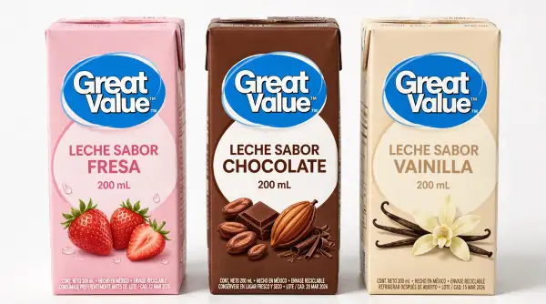 Tres empaques de leche great Value en sus sabores fresa, chocolate y vainilla.
