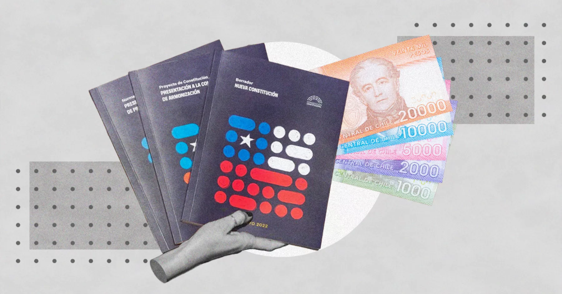 Nueva constitución Chile cambios principales económicos (Fotoarte con fotos de la propuesta de constitución de y billetes)