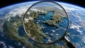 Ilustración conceptual del planeta tierra visto desde el espacio con una lupa que revela una alteración digital en la superficie representando los riesgos de manipulación de imágenes mediante IA.