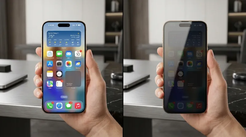 La imagen muestra un iPhone 16 Pro Max: de un lado, sin el filtro de privacidad nativo del celular y, del otro, con el filtro ya activado, sin necesidad de comprar una mica.