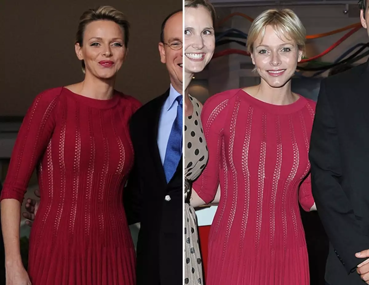 La princesa Charlene luce idéntica en ambas ocasiones, con el peinado como única diferencia.