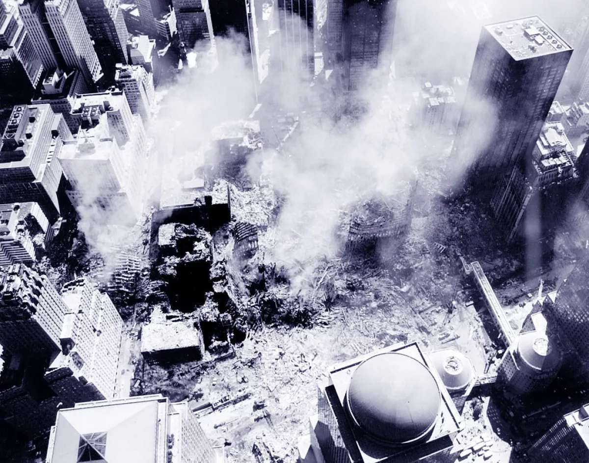 An aerial view after the 9/11 attacks on the World Trade Centre Site.