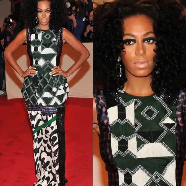 Met Gala 2011: Solange llevó un vestido de Gries Van Noten otoño 2011, el cuál complementó con su ya famoso afro, nude lips y un delineado drástico en negro.