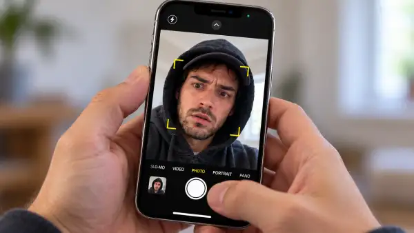 Cámara frontal del iphone activada para tomar una selfi del usuario. estas se pueden activar automáticamente a través de atajos.