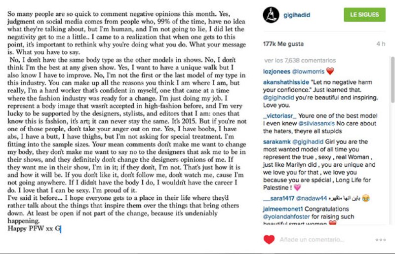 Este fue el mensaje que la modelo publicó en su cuenta de Instagram y que en cuestión de horas alcanzó miles de likes.