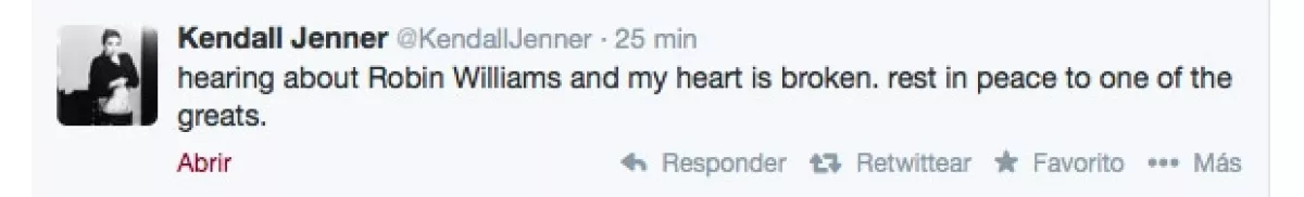 `Acabo de enterarme de Robin Williams y mi corazón está roto. Que descanse en paz uno de los más grandes´, escribió Kendall Jenner.