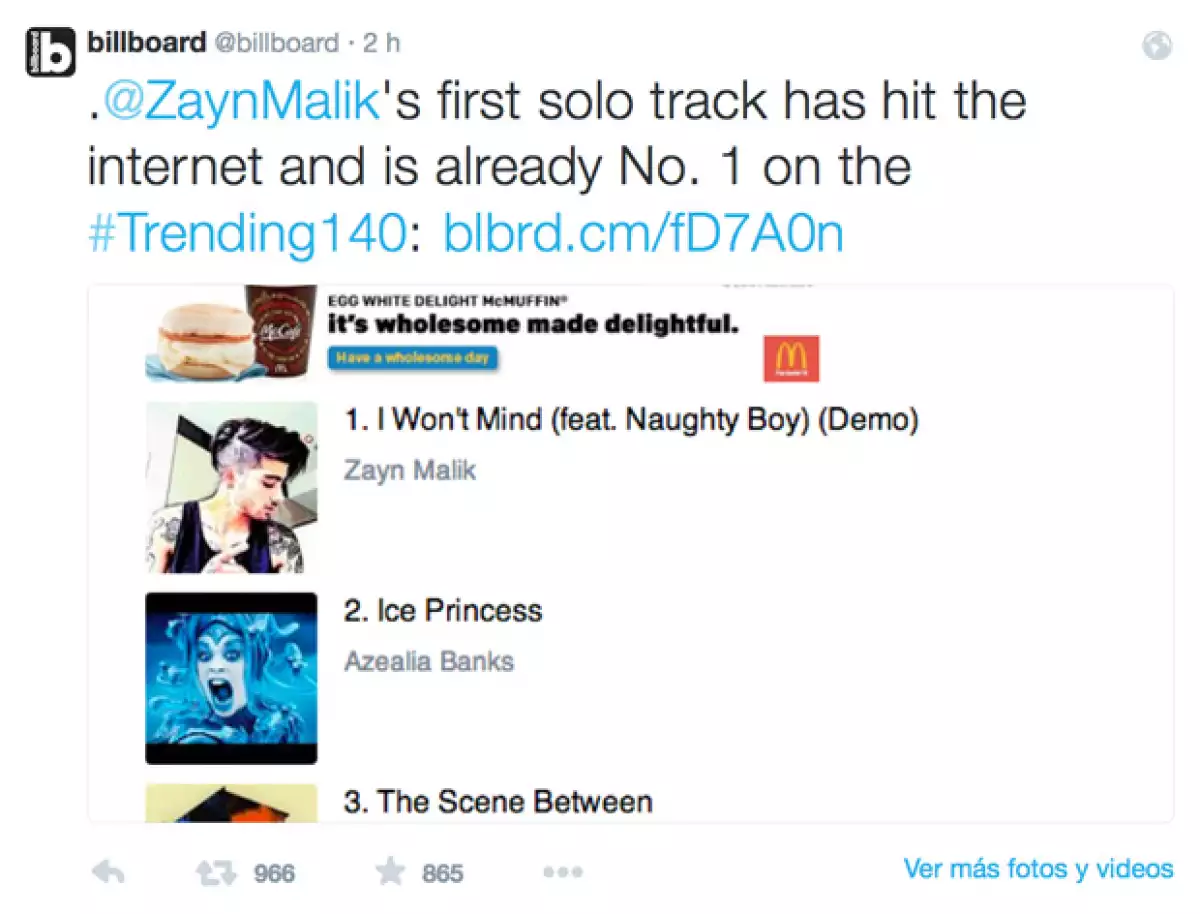 La cuenta de Billboard mostró que a poco tiemp de haberse dado a conocer la canción ya alcanzó una exitosa popularidad.