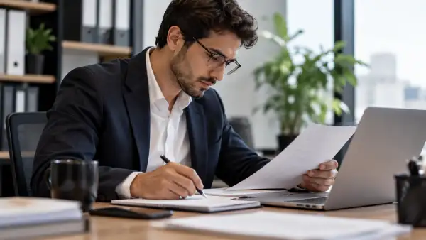 Hombre con traje revisa documentos y toma notas frente a una computadora portátil dentro de una oficina.