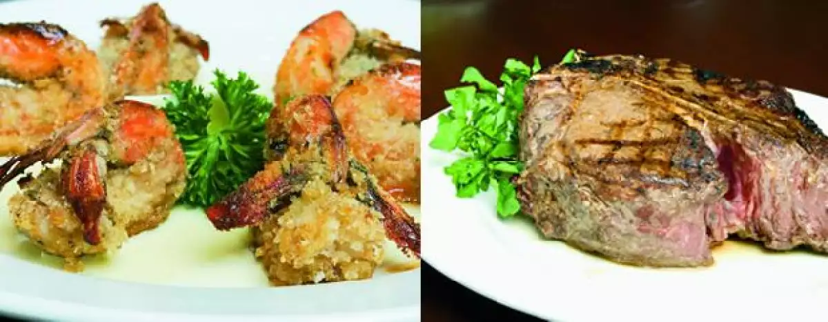 Camarones gigantes Alexander, con salsa cremosa de mantequilla; Porterhouse doble, de 1360 gramos, especialidad de la casa.