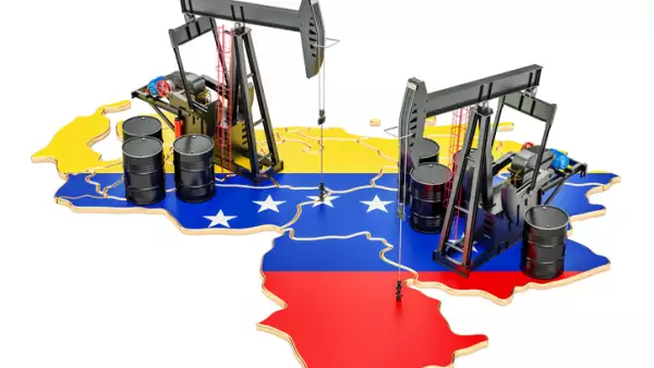 Venezuela map with oil barrels and pumpjacks. Oil production concept. 3D rendering