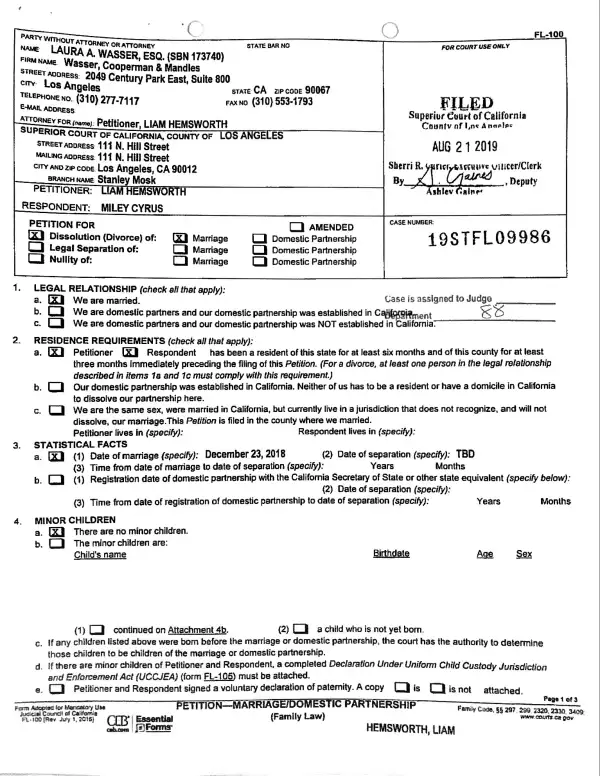 Liam Hemsworth Files for Divorce From Miley Cyrus